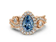 Milgrain Halo Engagement Ring Setting for Fancy Blue Pear-Shaped Center with Shoulder Bezels and Prong Head in Rose Gold