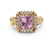 Halo Engagement Ring Setting for Fancy Pink Princess Cut Center with Open Scroll Shoulders and Prong Head in Yellow Gold