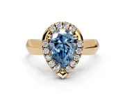 Halo Engagement Ring Setting for Fancy Blue Pear-Shaped Center with Square Band and Prong Head in Yellow Gold