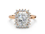 Starburst Halo Engagement Ring Setting for Radiant Cut Center with Thin Round-Wire Band and Prong Head in Rose Gold