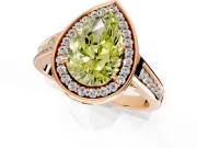 Halo Engagement Ring Setting for Fancy Yellow Pear-Shaped Center with Outer Bezel Rim, Pave Band and Prong Head in Rose Gold