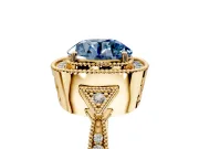 Halo Engagement Ring Setting for Fancy Blue Round Cut Center with Milgrain Rim, Pave Band and Prong Head in Yellow Gold