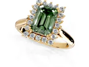 Starburst Halo Engagement Ring Setting for Fancy Green Emerald Cut Center with Thin Round-Wire Band and Prong Head in Yellow Gold