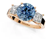 3 Stone Engagement Ring Setting for Fancy Blue Round Cut Center with Matching Side Accents and Prong Head in Rose Gold
