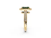 Milgrain Halo Engagement Ring Setting for Fancy Green Emerald Cut Center with Three-Sided Pave Band and Prong Head in Yellow Gold