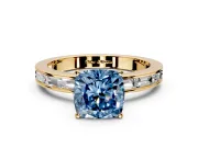 Solitaire Engagement Ring Setting for Fancy Blue Cushion Cut Center with Channel Baguette Band and Prong Head in Yellow Gold