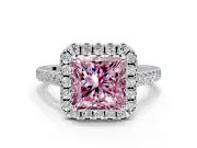 Halo Engagement Ring Setting for Fancy Pink Princess Cut Center with Narrowing Pave Band and Prong Head in White Gold