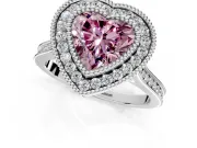 Halo Engagement Ring Setting for Fancy Pink Heart-Shaped Center with Milgrain Frame, Pave Band and Prong Head in White Gold