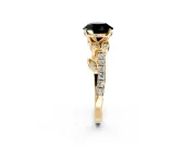 Leaf Motif Engagement Ring Setting for Fancy Black Round Cut Center with Pave Band and Prong Head in Yellow Gold