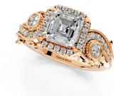 Milgrain Halo Engagement Ring Setting for Asscher Cut Center with Shoulder Bezels and Prong Head in Rose Gold