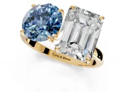 Fancy Blue Round Cut and Emerald Cut Lab-Grown Diamond Toi et Moi Engagement Ring with Prong-Set Stones in Yellow Gold