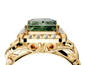 Halo Engagement Ring Setting for Fancy Green Princess Cut Center with Open Scroll Shoulders and Prong Head in Yellow Gold