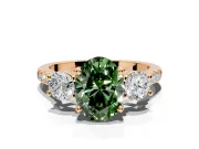 3 Stone Engagement Ring Setting for Fancy Green Oval Center with Crossover Basket, Pave Band and Prong Head in Rose Gold