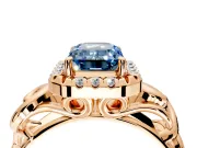 Halo Engagement Ring Setting for Fancy Blue Emerald Cut Center with Open Scroll Shoulders and Prong Head in Rose Gold