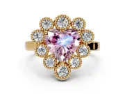Cluster Halo Engagement Ring Setting for Fancy Pink Heart-Shaped Center with Milgrain Bezel Accents and Prong Head in Yellow Gold