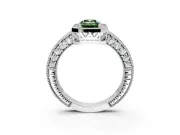 Milgrain Halo Engagement Ring Setting for Fancy Green Emerald Cut Center with Wide Pave Band and Prong Head in Platinum