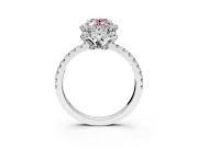 Halo Engagement Ring Setting for Fancy Pink Oval Center with Openwork Halo, Pave Band and Prong Head in White Gold