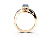 3 Stone Engagement Ring Setting for Fancy Blue Cushion Cut Center with Tapered Baguettes, Plain Band and Prong Head in Rose Gold