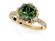 Halo Engagement Ring Setting for Fancy Green Cushion Cut Center with Openwork Halo, Pave Band and Prong Head in Yellow Gold