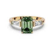 3 Stone Engagement Ring Setting for Fancy Green Emerald Cut Center with Tapered Baguettes, Plain Band and Prong Head in Yellow Gold