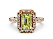 Milgrain Halo Engagement Ring Setting for Fancy Yellow Emerald Cut Center with Three-Sided Pave Band and Prong Head in Rose Gold