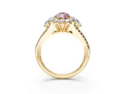 Halo Engagement Ring Setting for Fancy Pink Pear-Shaped Center with Two-Strand Split Shank and Prong Head in Yellow Gold