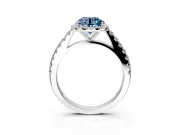 Halo Engagement Ring Setting for Fancy Blue Round Cut Center with Full Pave Band and Prong Head in White Gold