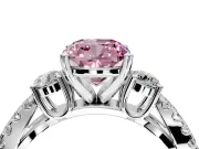 3 Stone Engagement Ring Setting for Fancy Pink Cushion Cut Center with Pave Split Shank and Prong Head in Platinum