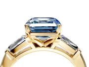 3 Stone Engagement Ring Setting for Fancy Blue Asscher Cut Center with Tapered Baguettes, Plain Band and Prong Head in Yellow Gold