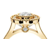 Halo Engagement Ring Setting for Pear-Shaped Center with Milgrain Frame, Pave Band and Prong Head in Yellow Gold