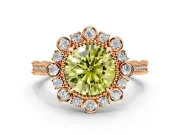 Milgrain Halo Engagement Ring Setting for Fancy Yellow Round Cut Center with Bezel Point Accents and Prong Head in Rose Gold