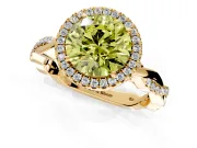 Halo Engagement Ring Setting for Fancy Yellow Round Cut Center with Pave and Plain Twist Band and Prong Head in Yellow Gold