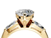 3 Stone Engagement Ring Setting for Heart-Shaped Center with Tapered Baguettes, Plain Band and Prong Head in Yellow Gold