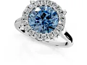 Single Halo Engagement Ring Setting for Fancy Blue Round Cut Center with Corner Claws, Plain Band and Prong Head in White Gold
