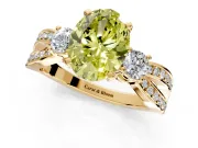 3 Stone Engagement Ring Setting for Fancy Yellow Oval Center with Pave Twist Band and Prong Head in Yellow Gold