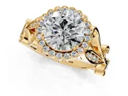 Halo Engagement Ring Setting for Round Cut Center with Leaf Motif Split Shank and Prong Head in Yellow Gold
