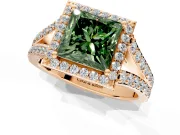 Halo Engagement Ring Setting for Fancy Green Princess Cut Center with Narrow Pave Split Shank and Prong Head in Rose Gold