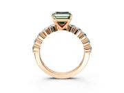 Shared-Prong Engagement Ring Setting for Fancy Green Asscher Cut Center with Graduated Accents and Prong Head in Rose Gold