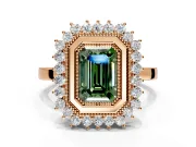 Halo Engagement Ring Setting for Fancy Green Emerald Cut Center with Milgrain Bezel Rim, Plain Band and Prong Head in Rose Gold