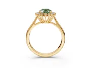 Starburst Halo Engagement Ring Setting for Fancy Green Oval Center with Thin Round-Wire Band and Prong Head in Yellow Gold