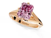 Solitaire Engagement Ring Setting for Fancy Pink Radiant Cut Center with Milgrain Cathedral Band and Prong Head in Rose Gold