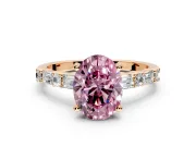 Baguette Engagement Ring Setting for Fancy Pink Oval Center with Alternating Bar-Set Band and Prong Head in Rose Gold