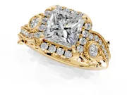Bypass Halo Engagement Ring Setting for Princess Cut Center with Bezel Accents, Milgrain and Prong Head in Yellow Gold
