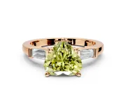 3 Stone Engagement Ring Setting for Fancy Yellow Heart-Shaped Center with Channel Baguette Accents and Prong Head in Rose Gold