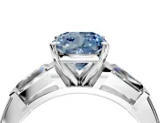 3 Stone Engagement Ring Setting for Fancy Blue Cushion Cut Center with Tapered Baguettes, Plain Band and Prong Head in Sterling Silver
