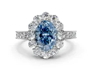 Halo Engagement Ring Setting for Fancy Blue Oval Center with Milgrain Channel Band and Prong Head in Platinum