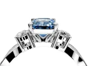 3 Stone Engagement Ring Setting for Fancy Blue Emerald Cut Center with Pave Twist Band and Prong Head in Platinum