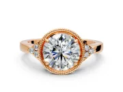 Cluster Engagement Ring Setting for Round Cut Center with Milgrain Shoulder Clusters and Prong Head in Rose Gold