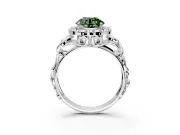 Halo Engagement Ring Setting for Fancy Green Round Cut Center with Open Scroll Shoulders and Prong Head in Platinum