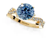 Solitaire Engagement Ring Setting for Fancy Blue Round Cut Center with Bar-Station Pave Twist and Prong Head in Yellow Gold